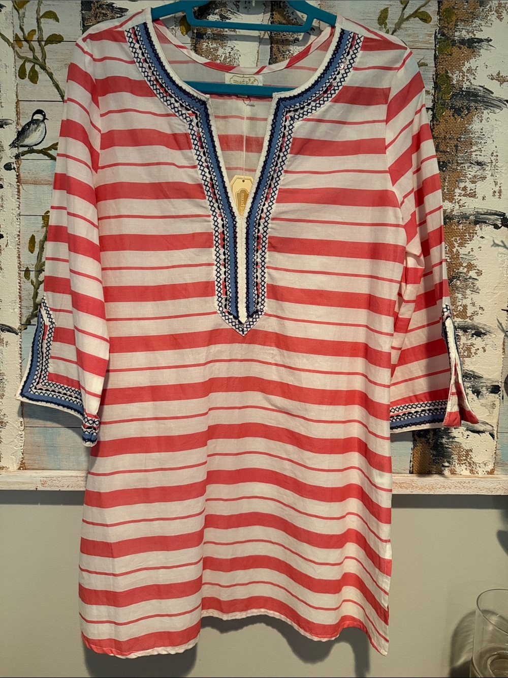 Mud Pie Striped Coral and White Dress with Blue Embroidered Trim